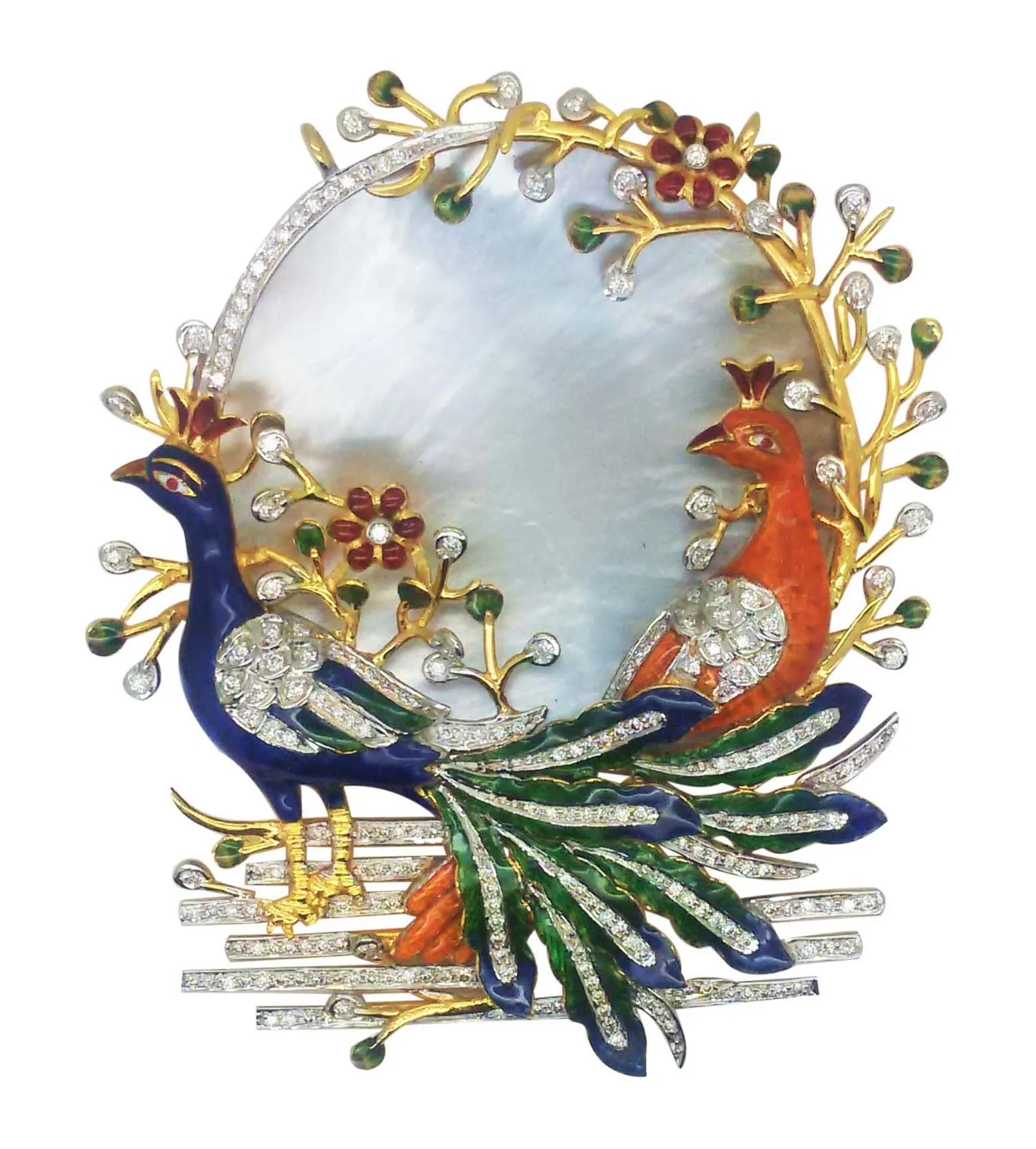 Pendant of two enamel peacocks before a mother-of-pearl disc framed by diamond-set branches